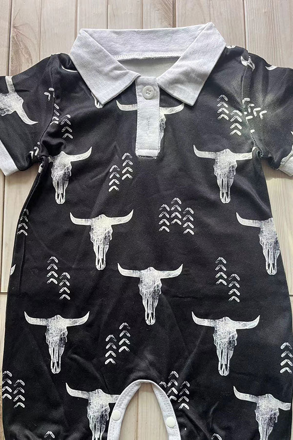 Soft western bull skull printed short sleeve baby boy romper 251264M
