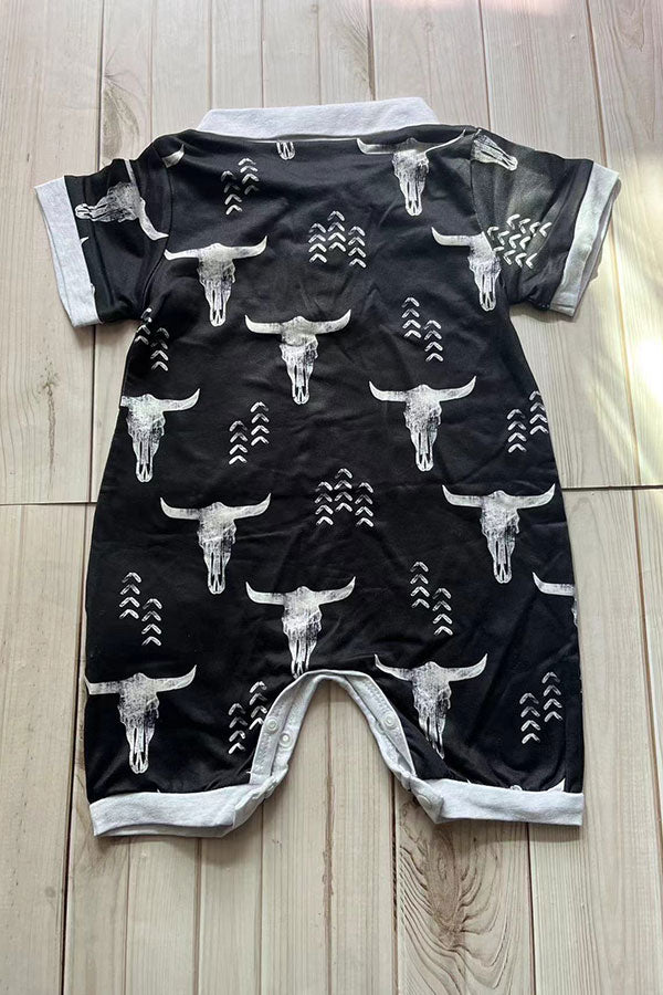 Soft western bull skull printed short sleeve baby boy romper 251264M