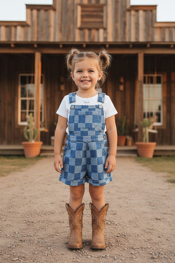Denim blue checkered one piece overall girls jumpsuit 251267M