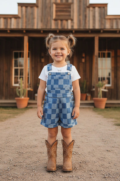 Denim blue checkered one piece overall girls jumpsuit 251267M