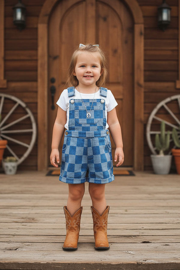 Denim blue checkered one piece overall girls jumpsuit 251267M