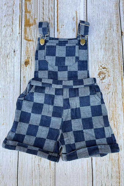 Navy blue checkered denim one piece overall girls jumpsuit 251268M
