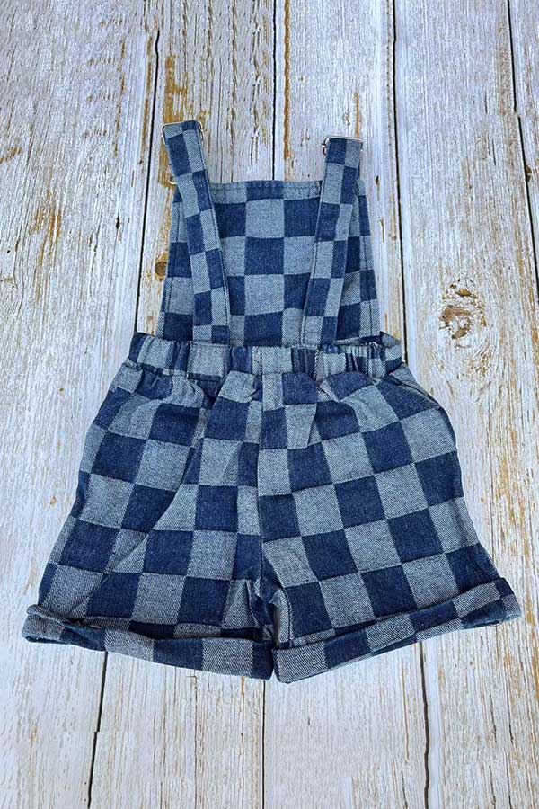 Navy blue checkered denim one piece overall girls jumpsuit 251268M