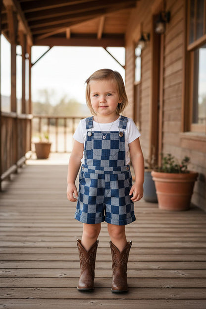 Navy blue checkered denim one piece overall girls jumpsuit 251268M
