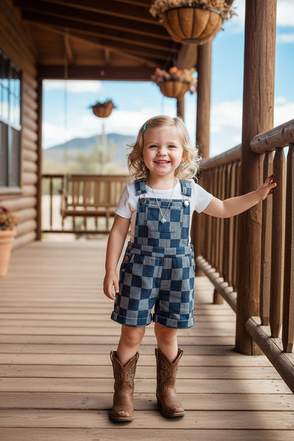 Navy blue checkered denim one piece overall girls jumpsuit 251268M