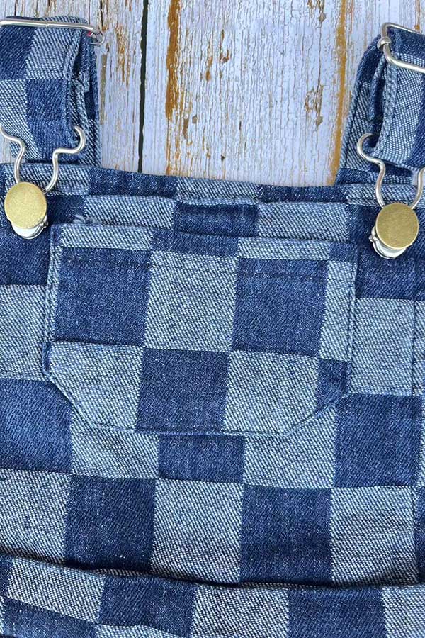 Navy blue checkered denim one piece overall girls jumpsuit 251268M