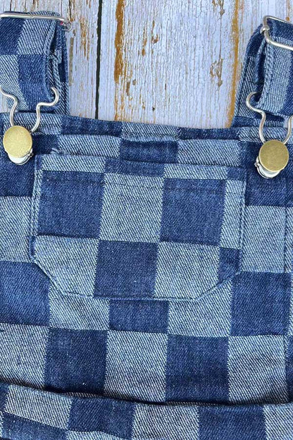 Navy blue checkered denim one piece overall girls jumpsuit 251268M
