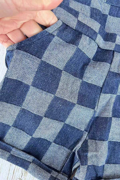 Navy blue checkered denim one piece overall girls jumpsuit 251268M