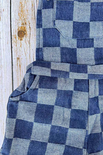Navy blue checkered denim one piece overall girls jumpsuit 251268M