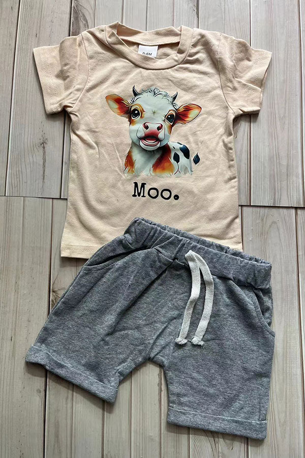Cow & MOO printed short sleeve top & grey shorts 2pc boy set 251273M