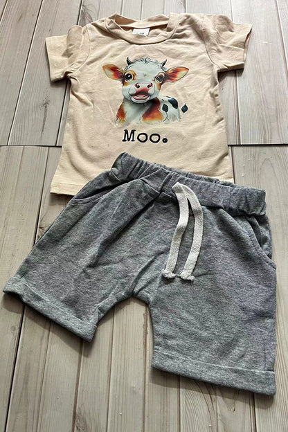 Cow & MOO printed short sleeve top & grey shorts 2pc boy set 251273M