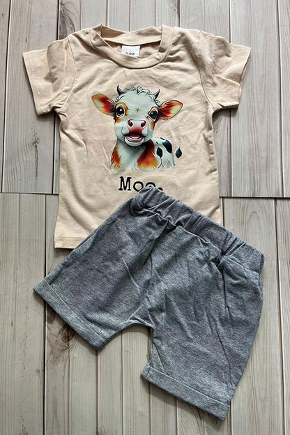 Cow & MOO printed short sleeve top & grey shorts 2pc boy set 251273M