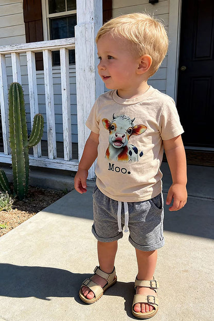 Cow & MOO printed short sleeve top & grey shorts 2pc boy set 251273M