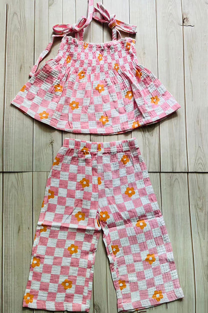 Flower gauze shirred top & wide leg pant 2pc girls set 251275M
