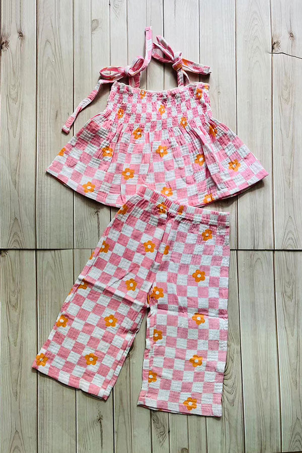 Flower gauze shirred top & wide leg pant 2pc girls set 251275M