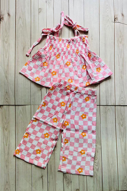 Flower gauze shirred top & wide leg pant 2pc girls set 251275M