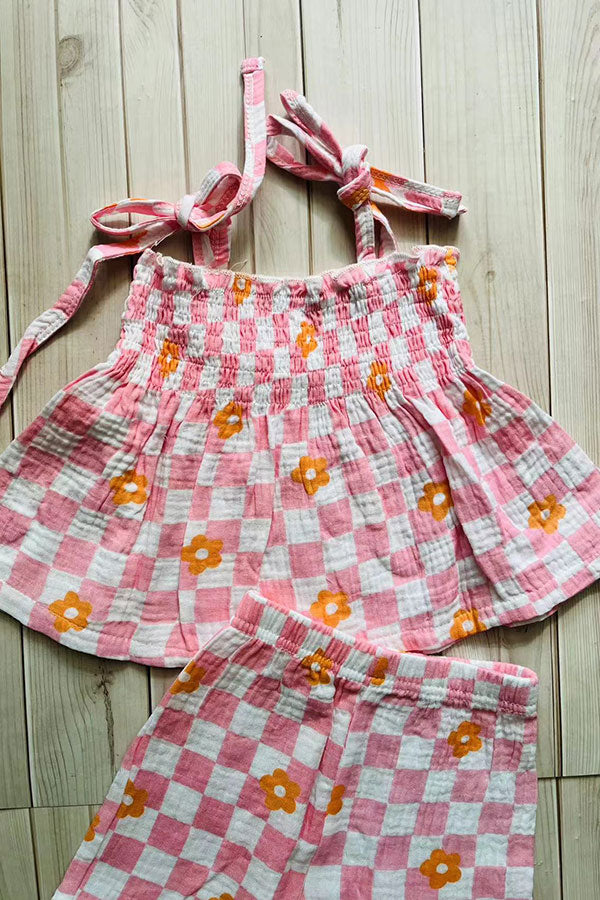 Flower gauze shirred top & wide leg pant 2pc girls set 251275M