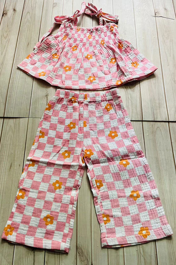 Flower gauze shirred top & wide leg pant 2pc girls set 251275M