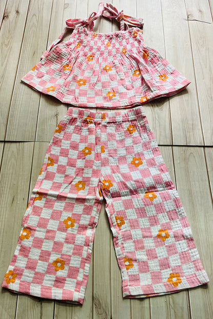 Flower gauze shirred top & wide leg pant 2pc girls set 251275M