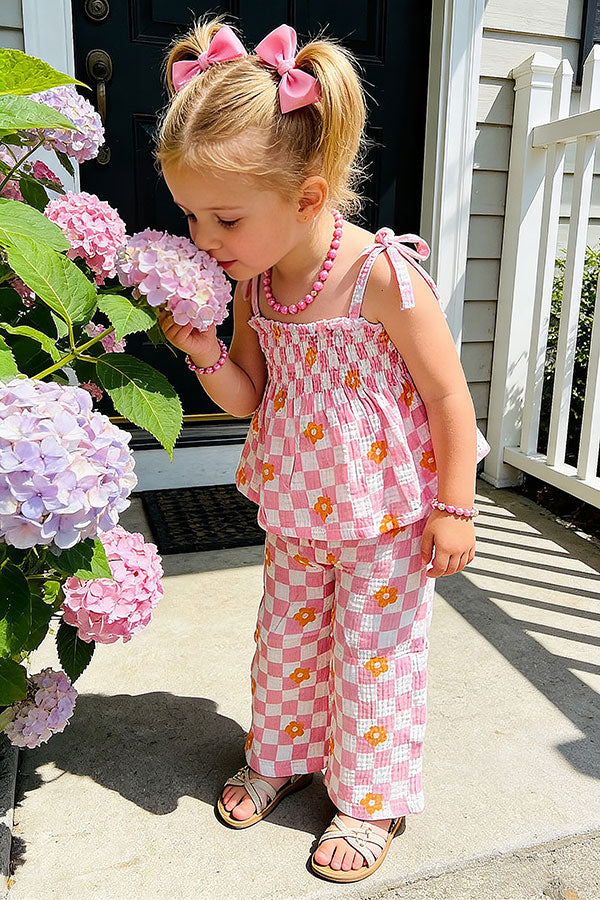 Flower gauze shirred top & wide leg pant 2pc girls set 251275M