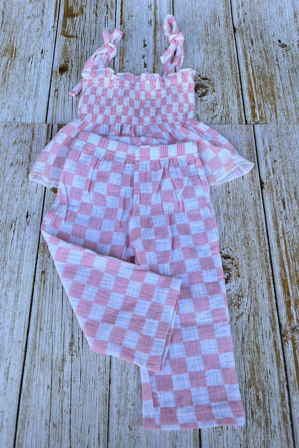 Pink checkered gauze shirred top & wide leg pant 2pc girls set 251276M
