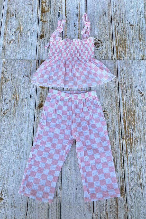 Pink checkered gauze shirred top & wide leg pant 2pc girls set 251276M