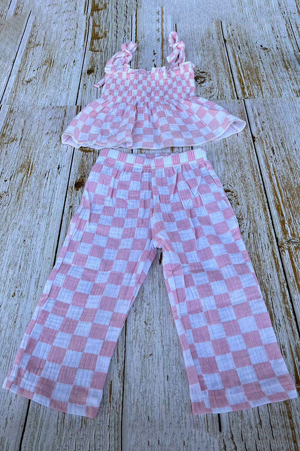 Pink checkered gauze shirred top & wide leg pant 2pc girls set 251276M