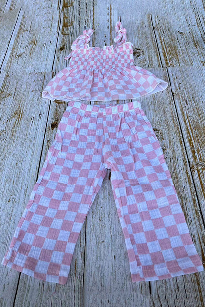 Pink checkered gauze shirred top & wide leg pant 2pc girls set 251276M