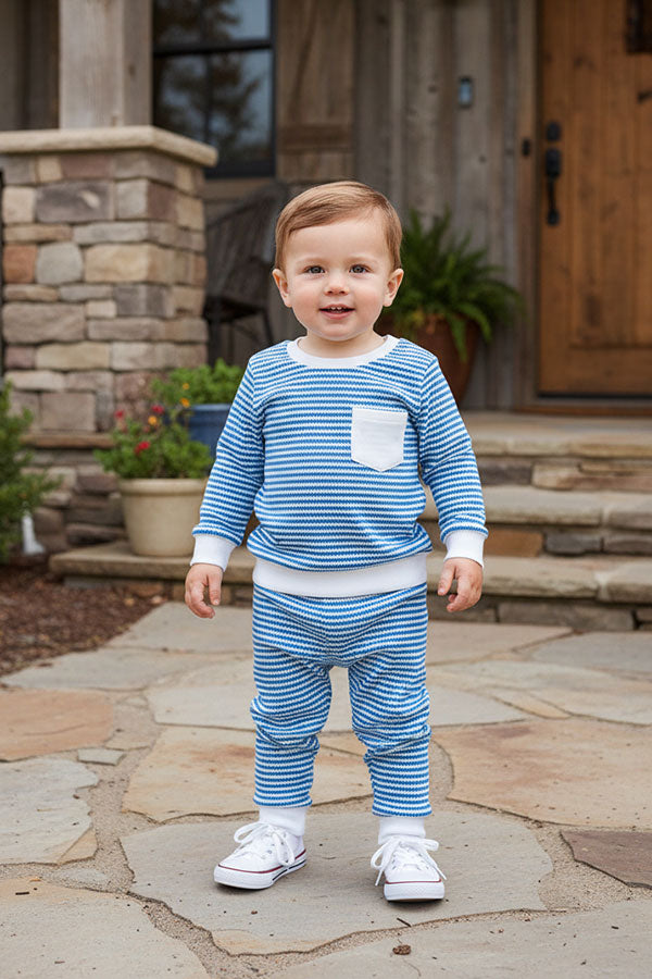 Blue knitted fabric long sleeve top & pant 2pc boy's set 251278M
