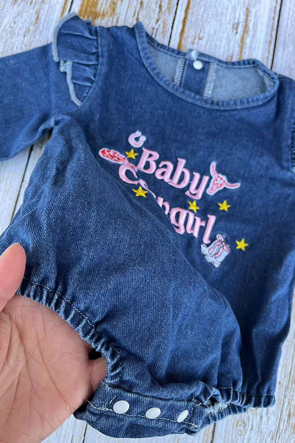 Western Baby Cowgirl embroidery long sleeve denim baby romper 251279M