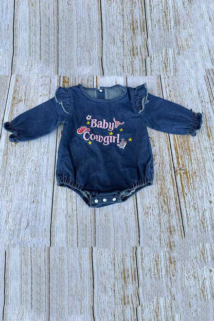 Western Baby Cowgirl embroidery long sleeve denim baby romper 251279M