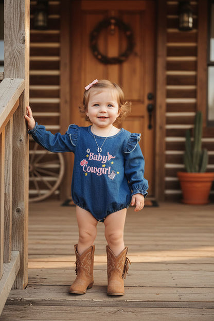 Western Baby Cowgirl embroidery long sleeve denim baby romper 251279M
