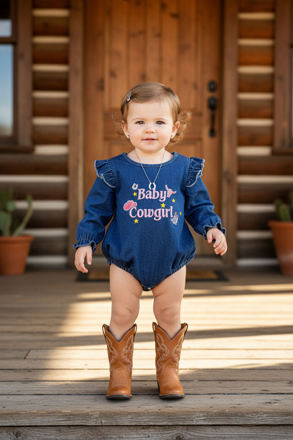 Western Baby Cowgirl embroidery long sleeve denim baby romper 251279M
