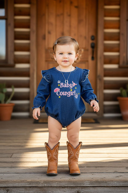 Western Baby Cowgirl embroidery long sleeve denim baby romper 251279M