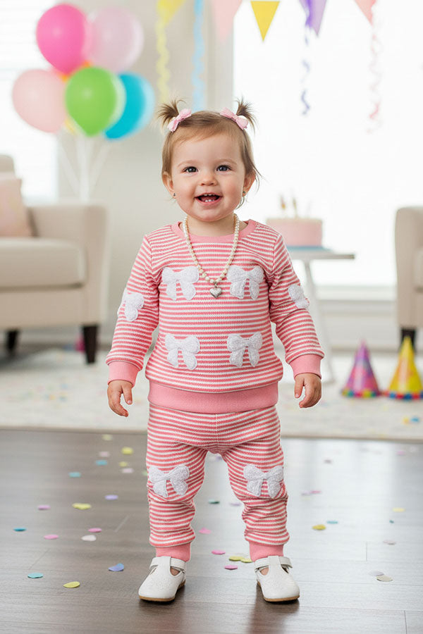 Pink knitted long sleeve top & white bow 2pc girls sets 251281M