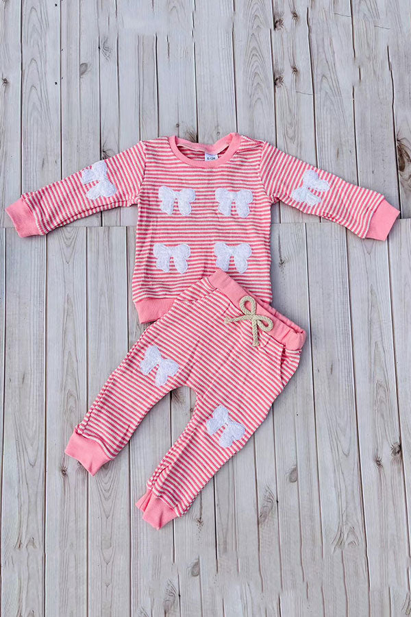 Pink knitted long sleeve top & white bow 2pc girls sets 251281M