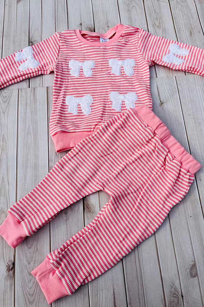 Pink knitted long sleeve top & white bow 2pc girls sets 251281M