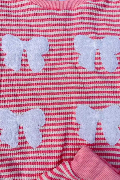 Pink knitted long sleeve top & white bow 2pc girls sets 251281M