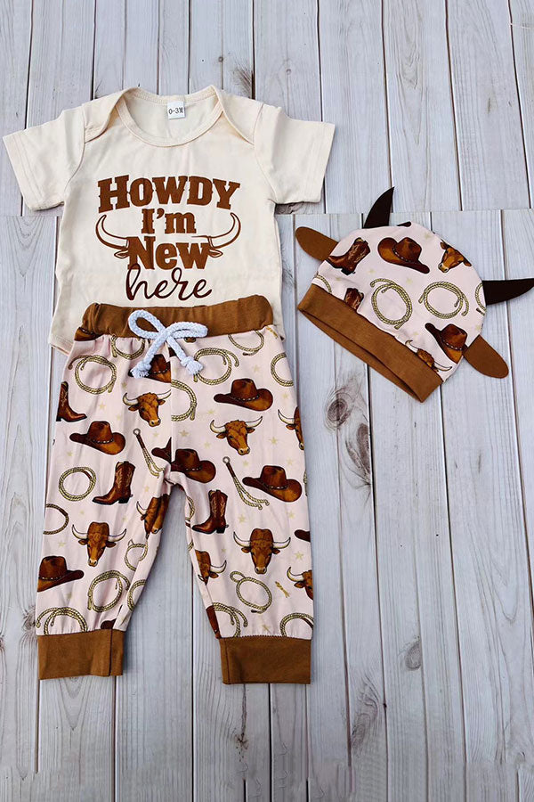 Howdy I'M New here romper & pant & hat 3pc baby sets 251289M