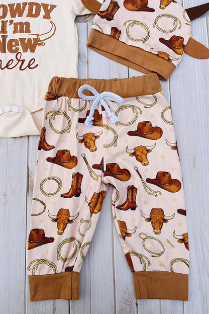 Howdy I'M New here romper & pant & hat 3pc baby sets 251289M