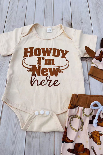 Howdy I'M New here romper & pant & hat 3pc baby sets 251289M