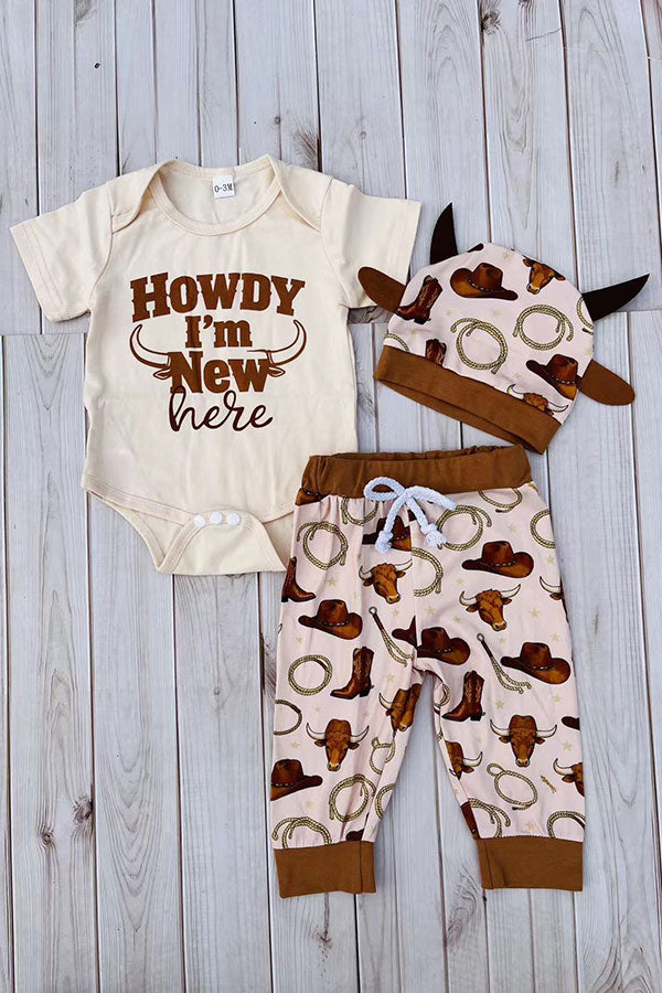 Howdy I'M New here romper & pant & hat 3pc baby sets 251289M
