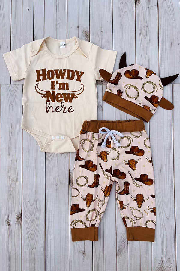 Howdy I'M New here romper & pant & hat 3pc baby sets 251289M