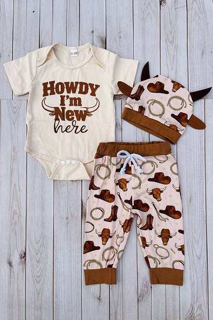 Howdy I'M New here romper & pant & hat 3pc baby sets 251289M