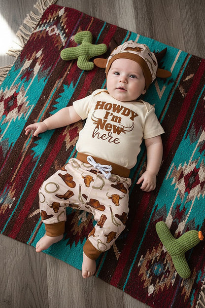 Howdy I'M New here romper & pant & hat 3pc baby sets 251289M