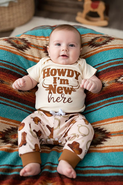 Howdy I'M New here romper & pant & hat 3pc baby sets 251289M