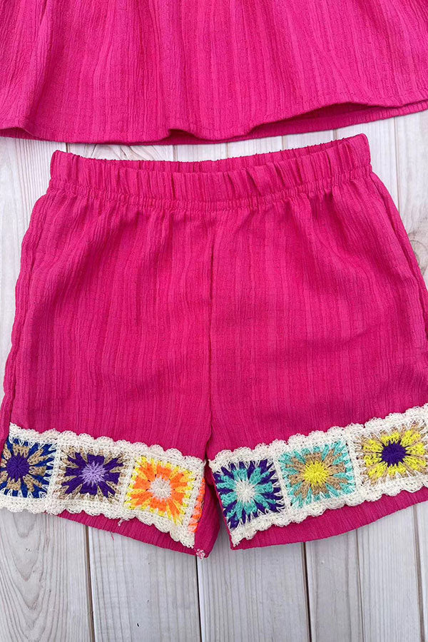 Knitted trim & Pink short sleeve top & shorts 2pc girls set 251290M