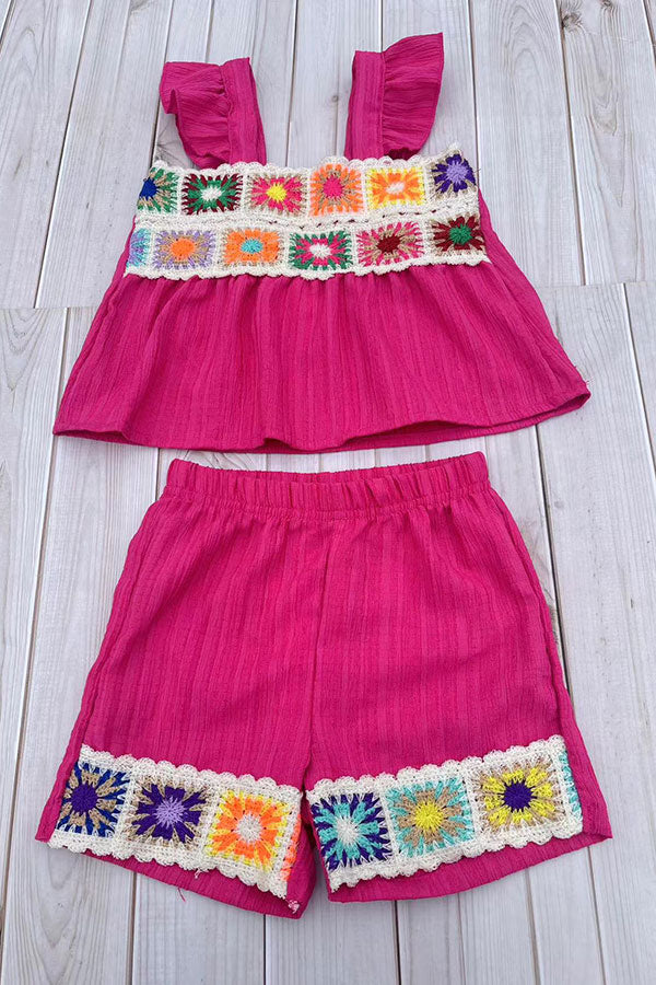 Knitted trim & Pink short sleeve top & shorts 2pc girls set 251290M