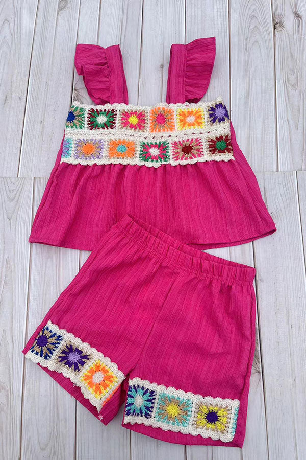 Knitted trim & Pink short sleeve top & shorts 2pc girls set 251290M