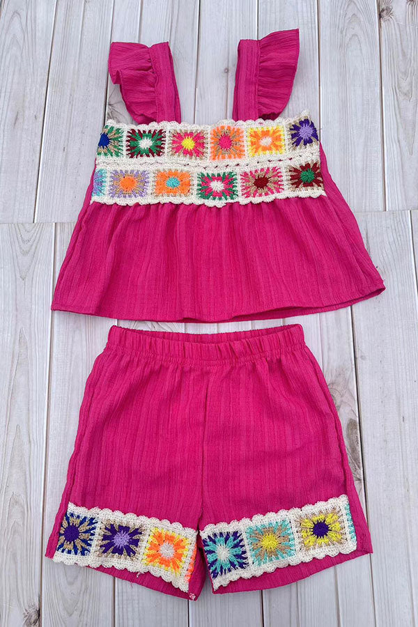 Knitted trim & Pink short sleeve top & shorts 2pc girls set 251290M